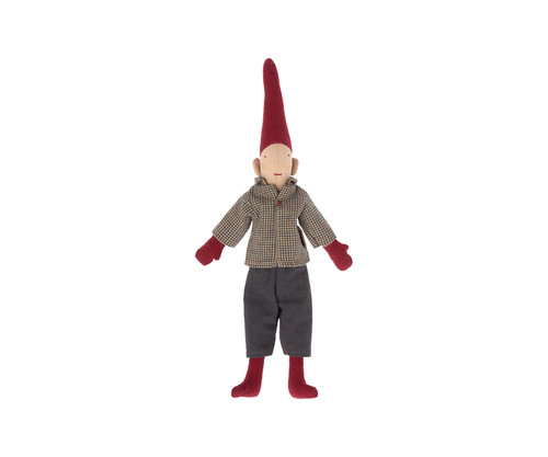 Maileg Climbing Pixy, 10" tall, with red hat and mittens, plaid jacket, grey pants.