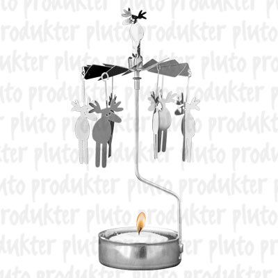 Polished silver metal rotary candle holder with hanging moose charms and a lit tealight.