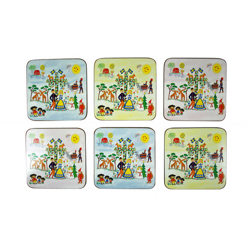 Set of 6 square coasters with Swedish folk art scenes, cork-backed.