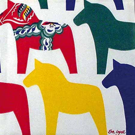 Colorful Dala horse pattern on white background; red, yellow, green, and blue horses.