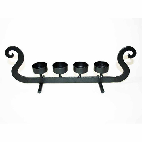 Black wrought iron Viking ship tea light candleholder with four cups.