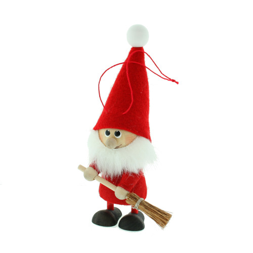 Elf Santa Ornament w/Broom - Wooden/Felt - 5 1/2" (26282)