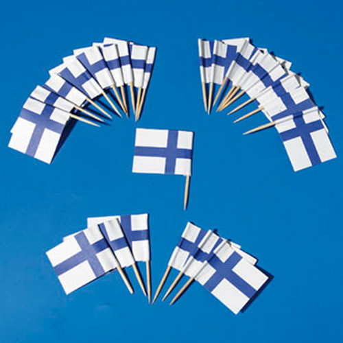 Finland flag toothpicks, blue and white, arranged on blue surface, wooden picks.