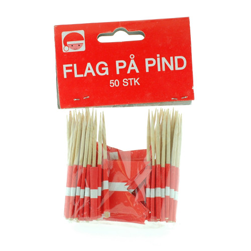 Red and white Danish flag toothpicks in a clear plastic wrapper with a red header.