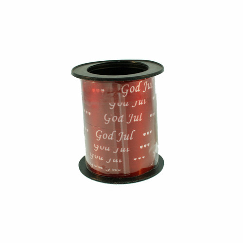 Red foil ribbon spool with "God Jul" text, black plastic top and base.