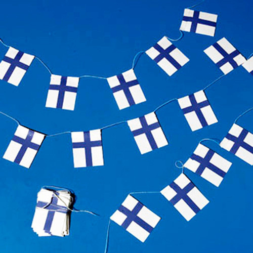 String of small Finnish flags on a blue background