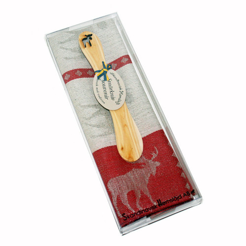 Skandinavisk Hemslojd red moose towel and wooden butter knife gift set in box.
