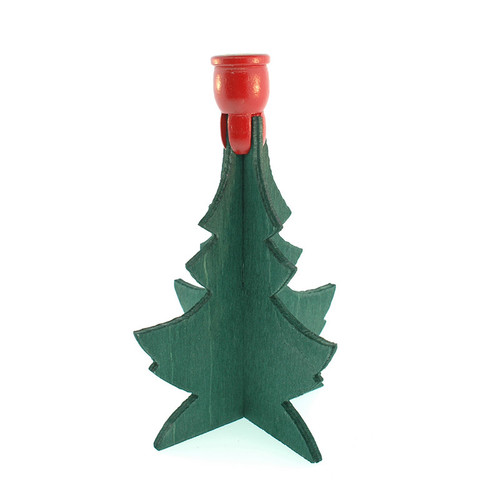 Green wooden Christmas tree candleholder with red top