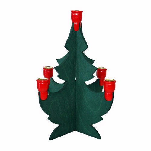Green wooden Christmas tree candleholder with five red candle cups on a white background.
