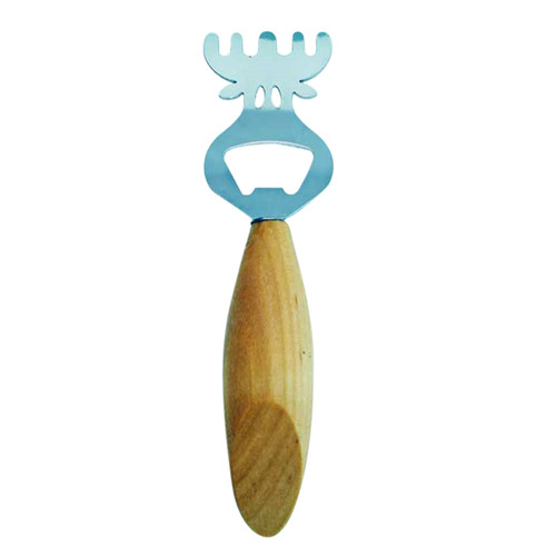 Swallings moose-shaped steel bottle opener with a smooth wooden handle, viewed vertically.