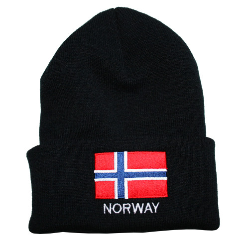 Black knit beanie with embroidered Norway flag and "NORWAY" text