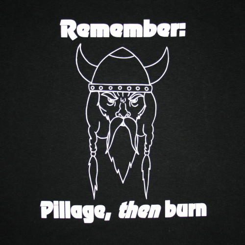Black t-shirt with white graphic of a viking face, text reading Remember: Pillage, then burn
