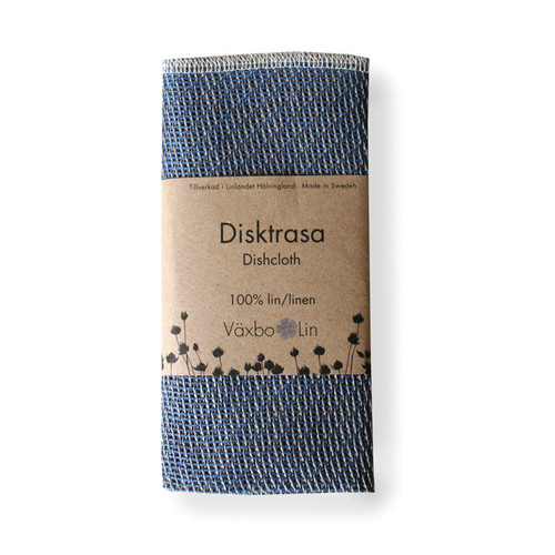 Folded blue and natural linen dishcloth wrapped in a Vaxbo Lin paper band.