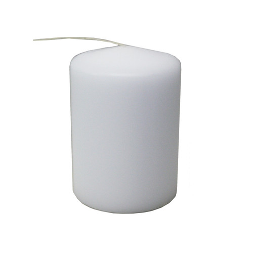 White VIO pillar candle with an unlit wick extending to the left, shown from a straight-on angle.