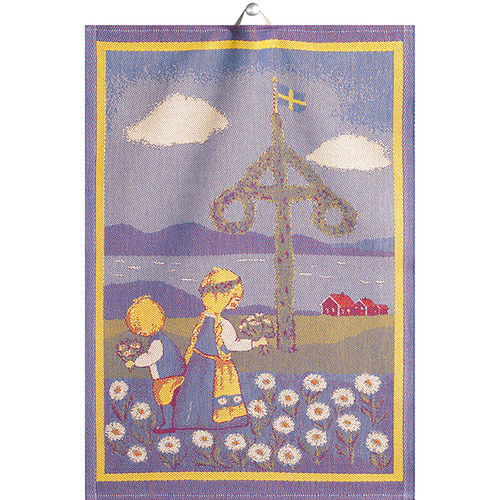 Woven blue cotton tea towel featuring a Swedish Maypole, children, and wildflowers.