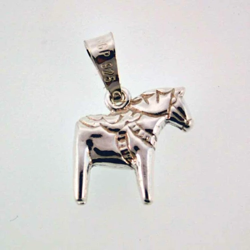 Silver Dala horse pendant with bail marked 925, featuring embossed saddle details.