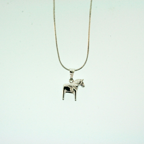 Silver Dala horse pendant on a thin snake chain necklace.