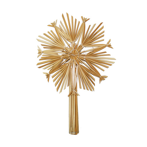 Golden straw star tree topper, natural material, hand-woven, five-point design, cone base.