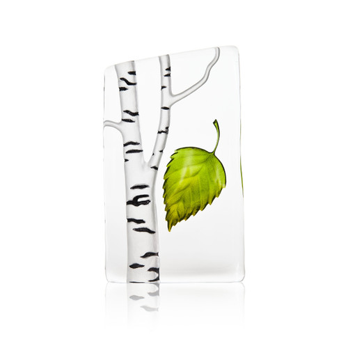 Maleras small cast crystal sculpture featuring a sandblasted birch tree and green leaf.