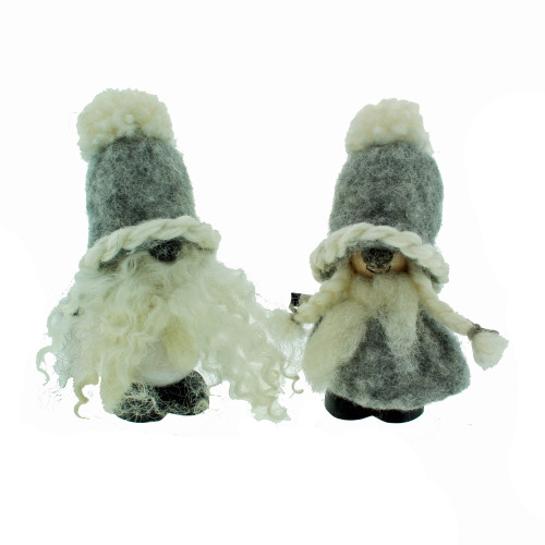 Two grey wool Tomte figures with white beards and hats, standing side-by-side.