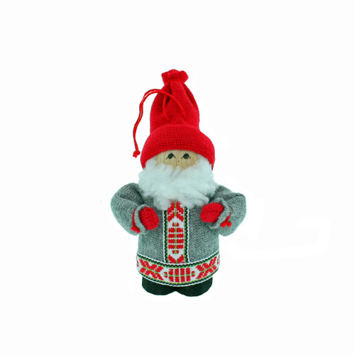 Small handmade Nordic Santa ornament with red knit hat, grey felt coat, white beard, and red mittens.