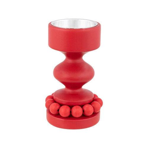 Red wooden Prinssi candle holder with rounded shapes and a ring of beads.