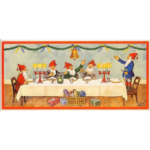 Panoramic illustration of traditional Swedish gnomes feasting at a Christmas table with candles and gifts.