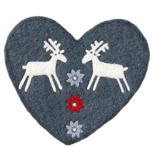 Dark gray felt heart-shaped trivet featuring two white reindeer and three embroidered flower accents.