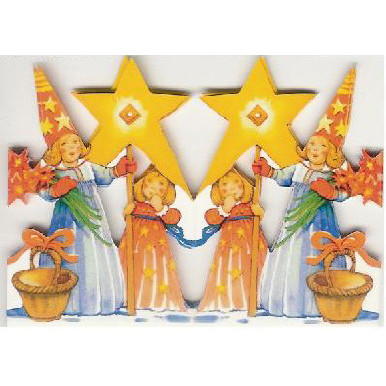 Paper cutout of Lucia attendants with stars and baskets.