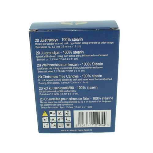 Box of 20 white stearin Christmas tree candles, with safety icons and barcode.