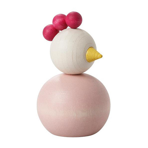 Wooden Aarikka Kananen chick figurine in pink, with a natural wood head, yellow beak, and pink crest.