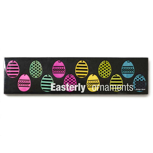 A set of colorful wooden Easter egg ornaments arranged in rows inside a black box.