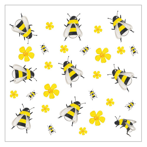 Pattern of illustrated yellow and black honeybees and yellow flowers on white.