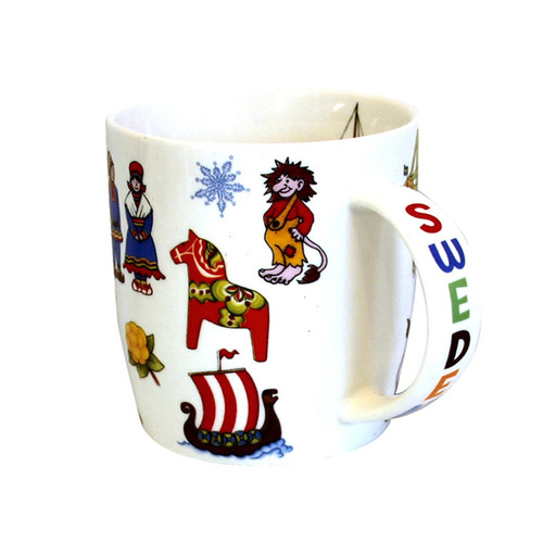 White ceramic mug with Swedish cultural motifs like a Dala horse, Viking ship, and colorful letters spelling SWEDEN on the