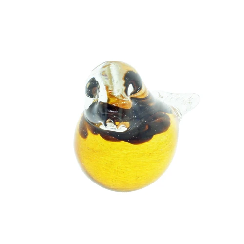 Handmade amber Finnish glass bird figurine viewed from the front, featuring dark brown markings and a clear tail.