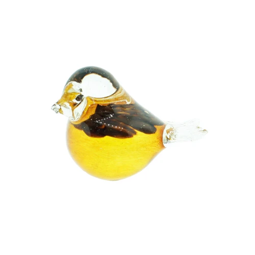 Handmade Finnish amber glass bird figurine with dark brown wing accents and clear tail.