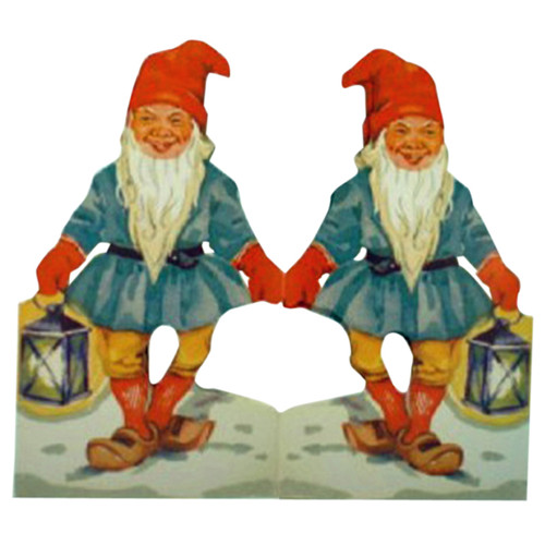 Vintage Swedish paper cutout of two identical Tomte gnomes holding lanterns, wearing red hats and blue tunics.
