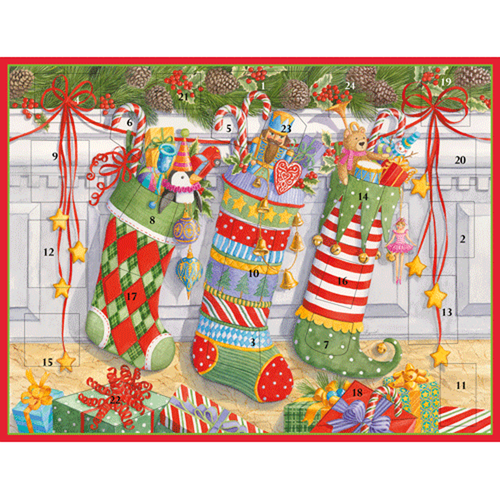 Christmas advent calendar card with stockings, gifts, and numbers on a mantle.