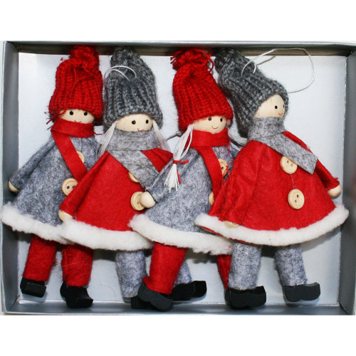 Four red and grey Scandinavian Tomte ornaments made of wood and felt in a box.