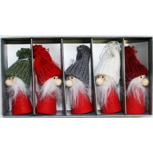 Five Varme Gift Nordic gnome ornaments in a box, red bodies, knit hats in green, red, gray, white, red