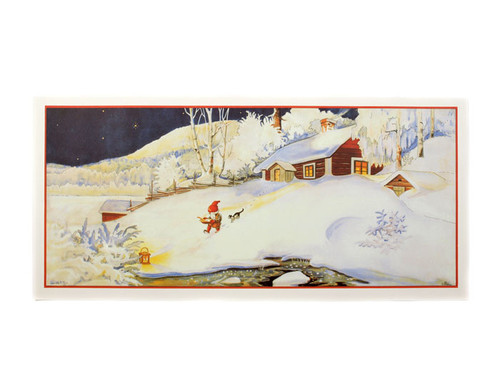 Snowy landscape illustration of a red-hatted tomte and cat walking near a cabin at night.