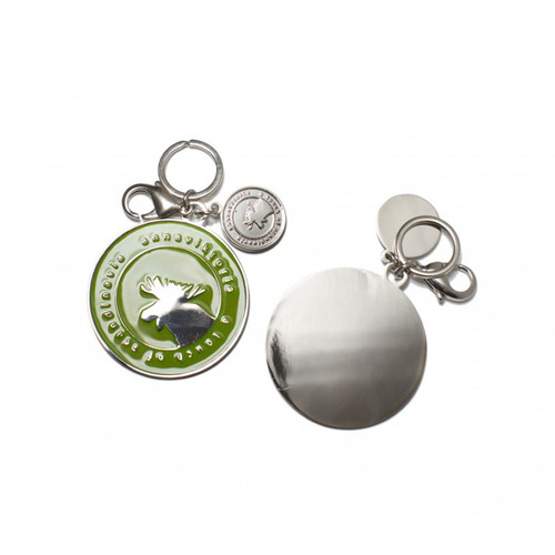 Front and back of a green and silver Anna Viktoria moose key ring with hardware.