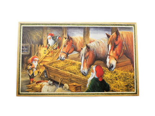 Vintage "Stable Keepers" poster by Erik Forsman in wooden frame, depicting gnomes and horses in a stable.