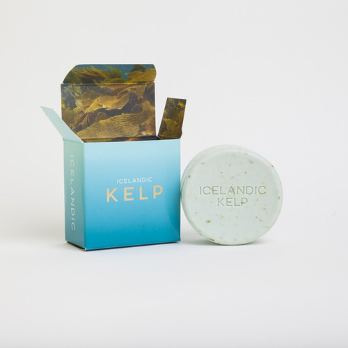 Round pale green Icelandic kelp soap bar next to an open blue ombré box with kelp imagery.