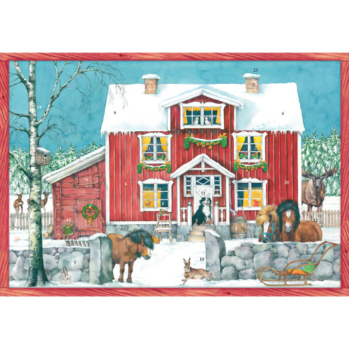 Red Nordic farmhouse advent calendar with animals in snow by birch tree.