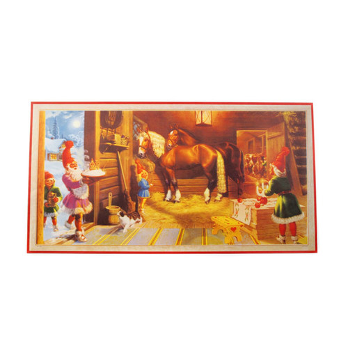 Varme Gift Christmas paper poster featuring Scandinavian gnomes and horses in a rustic barn.