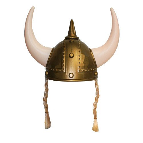 Gold plastic Viking helmet with large white horns, spiked top, rivets, and attached blonde braids.