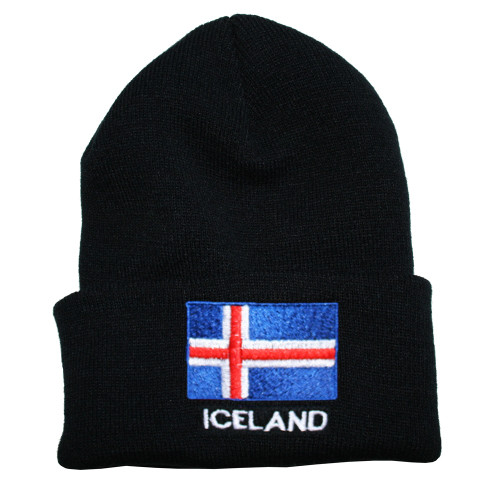 Black knit winter beanie with an embroidered Iceland flag patch and white "ICELAND" text.