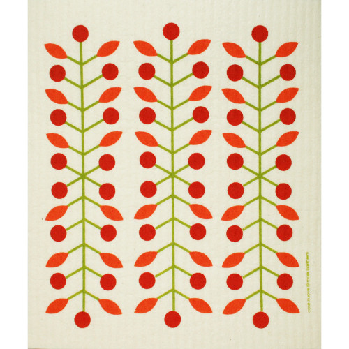 Swedish dishcloth featuring three vertical red berry and leaf branches on an off-white background.