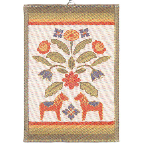 Ekelund woven kitchen towel with colorful Swedish folk art floral and Dala horse motif on off-white background.